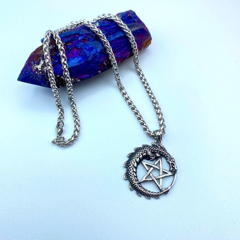 Stainless Steel Dragon Pentagram Necklace Wheat Chain